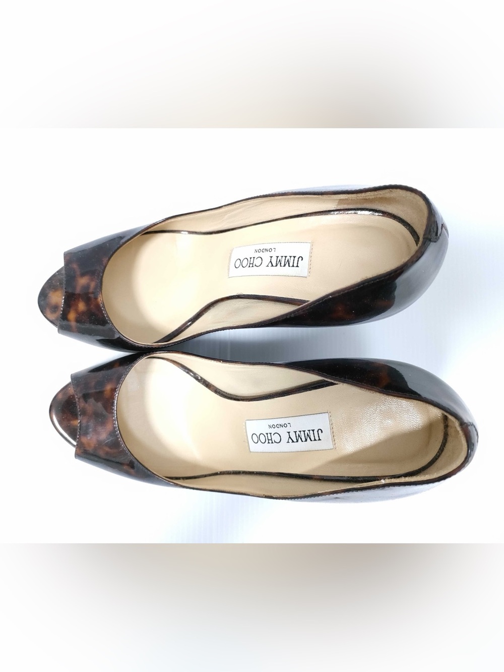 Jimmy Choo Tortoiseshell Patent Peep-Toe Wedge Heels - Picture 4 of 10